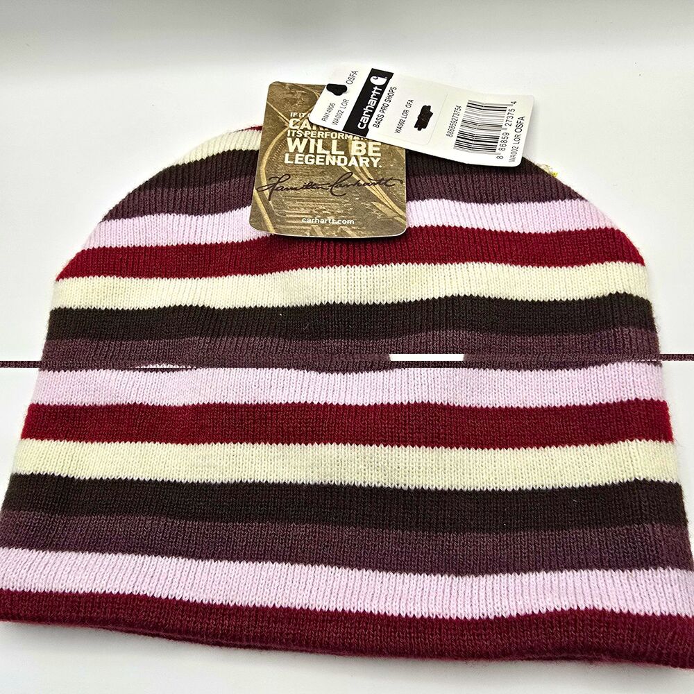 NWT Carhartt Striped Beanie Winter Hat Maroon Pink Brown OSFA Bass Pro Shops